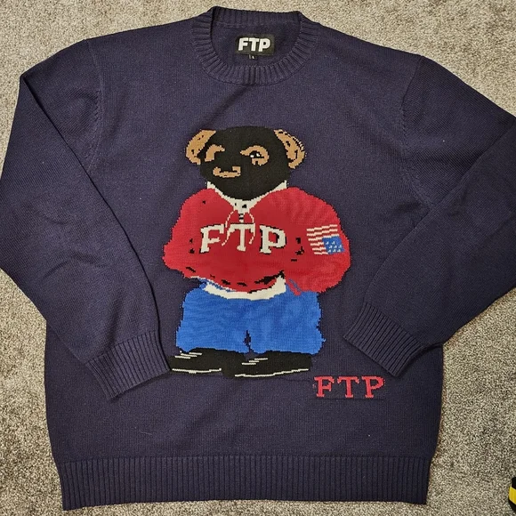 FTP FuckThePopulation Bear Knit Sweater Navy Large Brand New - Picture 2 of 7